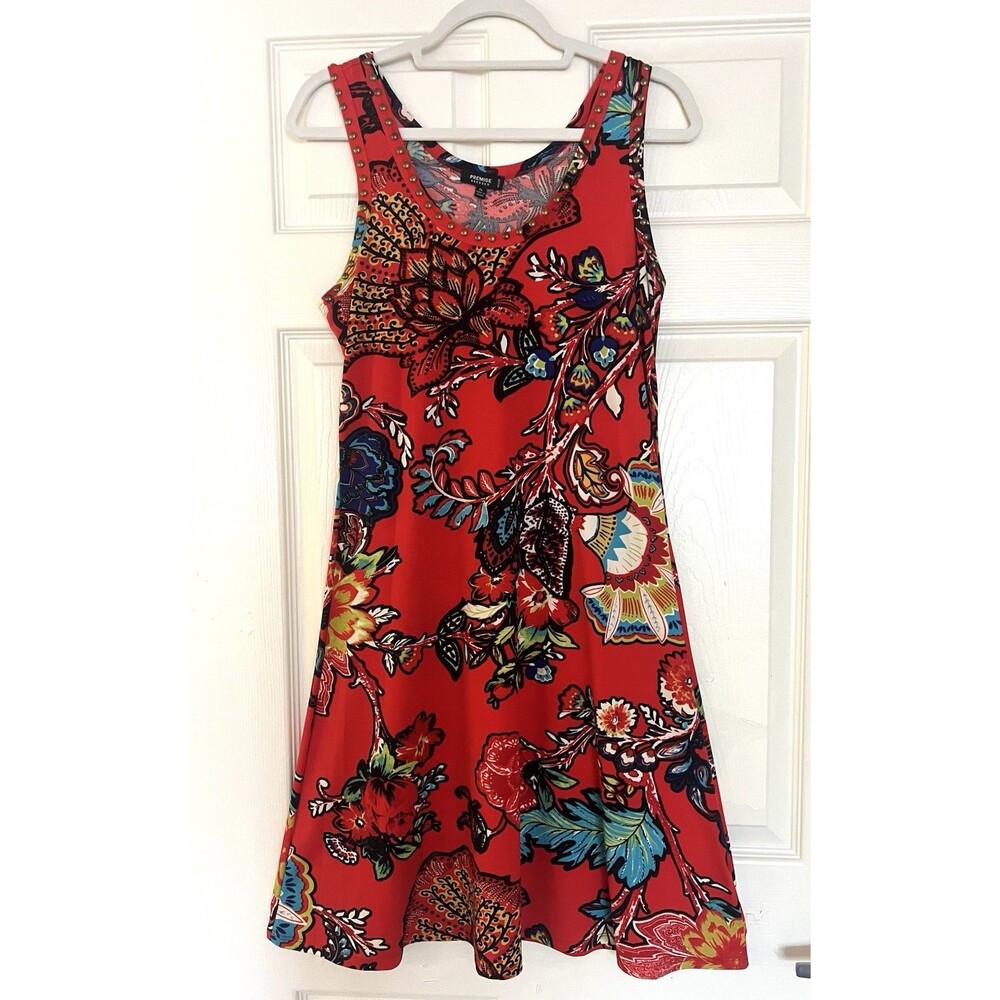 Premise Petite Dress PL Red Floral Studded A-Line Slip Dress Sz PL Boho Hippie